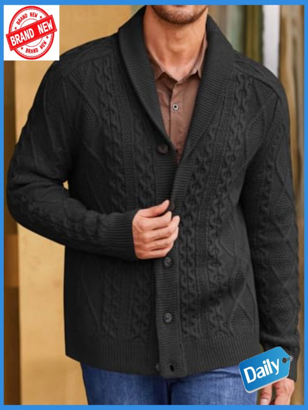 Shawl Collar Cardigan Cable Knitted Men's Fall Winter Chunky Buttons - Picture 2 of 7